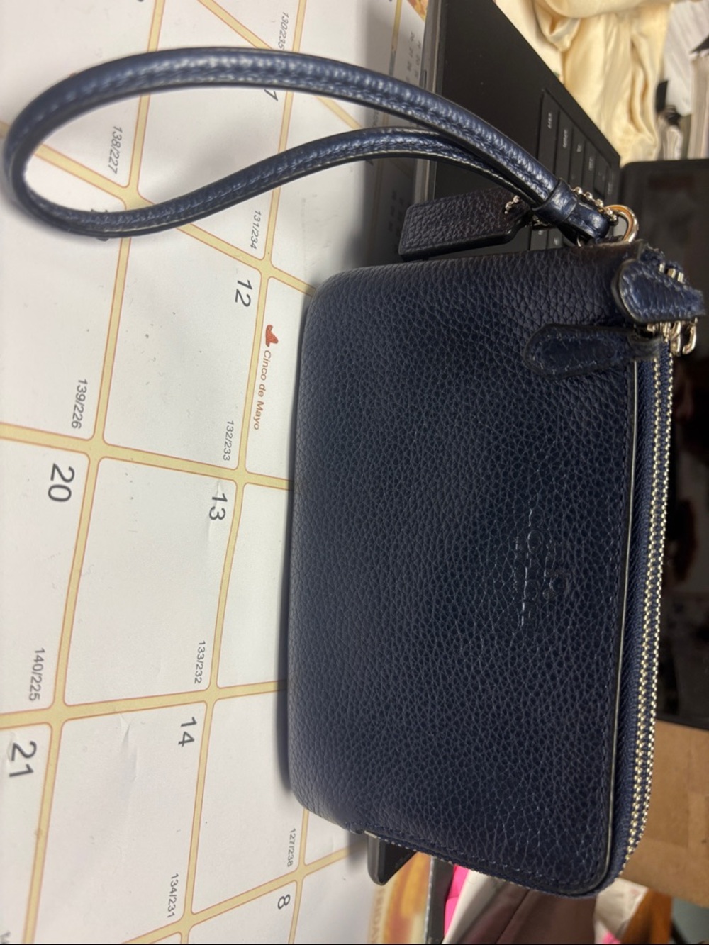 Navy Leather Wristlet Clutch with Removable Strap